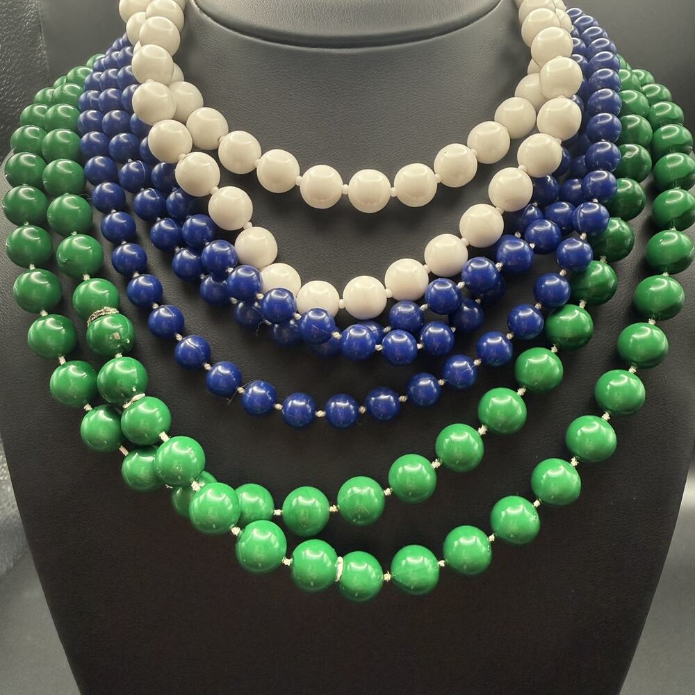 Vintage 60s Hong Kong Mod Bead Layering Necklace Set Blue White Green